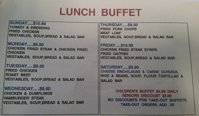 Barth's Lunch Buffet Menu