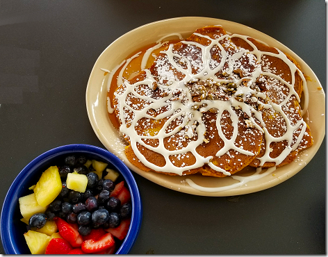 Snooze Pumpkin Pancakes and Fruit