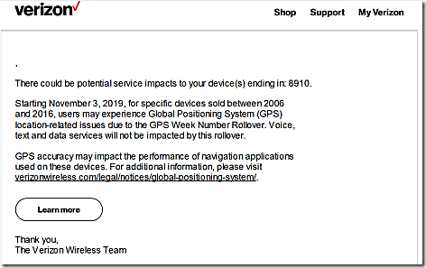Verizon GPS Rollover Email